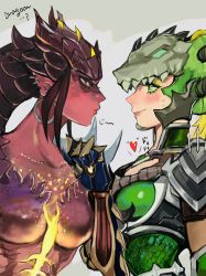 Rule 34 | 2girls, absurdres, alternate costume, armor, blonde hair, breasts, cleavage cutout, clenched hand, clothing cutout, collarbone, colored sclera, colored skin, dragon girl, dragon horns, dragon symmetra, dragoon, dragoon mercy, earrings, eyeshadow, gauntlets, glaring, glowing horns, glowing skin, green armor, green eyes, green eyeshadow, grey background, heart, helm, helmet, highres, hoop earrings, horns, jewelry, leaning forward, light smile, looking at another, makeup, mechanical arms, medium breasts, medium hair, mercy (overwatch), multiple girls, nervous smile, no nipples, official alternate costume, overwatch, overwatch 1, pauldrons, pointy ears, profile, red skin, scale armor, scales, shoulder armor, simple background, single mechanical arm, smile, stud earrings, sweat, symmetra (overwatch), upper body, user tucj7384, yellow eyes, yellow sclera