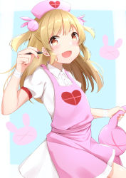 Rule 34 | 1girl, absurdres, apron, bad id, bad pixiv id, bandaged wrist, bandages, blonde hair, blue background, border, brown eyes, dress, fang, fingernails, grabbing another&#039;s ear, grabbing another's ear, hair ornament, hand on another&#039;s ear, hand up, hat, heart, highres, holding, holding by the ears, holding stylus, hozuka, long hair, looking at viewer, nail polish, natori sana, nurse cap, open mouth, rabbit, rabbit hair ornament, red nails, sana channel, sidelocks, simple background, solo, stuffed animal, stuffed toy, stylus, two side up, upper body, virtual youtuber, white border, white dress