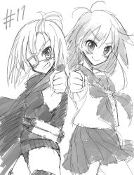 Rule 34 | &gt;:), 2girls, antenna hair, blush, cape, clothes lift, commentary request, episode number, eyepatch, fist bump, flip flappers, from side, greyscale, grin, looking at viewer, medical eyepatch, monochrome, multiple girls, neckerchief, papika (flip flappers), pleated skirt, school uniform, serafuku, sketch, skirt, skirt lift, smile, sou (mgn), symmetrical hand pose, v-shaped eyebrows, wind, wind lift, yayaka