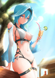 Rule 34 | 1boy, 1girl, absurdres, blue hair, breasts, coconut tree, covered erect nipples, cup, day, diluc (genshin impact), drink, drinking straw, eula (genshin impact), female focus, genshin impact, hair between eyes, highres, holding, holding cup, long sleeves, medium breasts, navel, palm tree, red hair, royboy, sitting, sky, slingshot swimsuit, solo, swimsuit, tree, yellow eyes