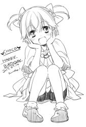 Rule 34 | 1girl, arc the lad, bobby socks, bow, choko (arc the lad), commentary request, dress, greyscale, hair ribbon, happy, izumi kouyou, looking at viewer, monochrome, open mouth, ribbon, shawl, shoes, short hair, socks, solo