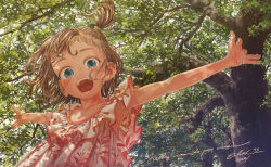 Rule 34 | 1girl, absurdres, branch, brown hair, child, dappled sunlight, eikoh, female focus, frills, highres, latin text, leaves, looking at viewer, nature, one side up, open mouth, original, outdoors, outstretched arms, shadow, signature, solo, spread arms, sunlight, teeth, tree