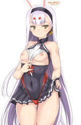 Rule 34 | 1girl, animal ears, azur lane, black dress, breasts, breasts out, brown eyes, clothes lift, covered navel, dress, dress lift, gluteal fold, hairband, highres, lifted by self, long hair, looking at viewer, rabbit ears, rabbit girl, shimakaze (azur lane), short dress, simple background, slingshot swimsuit, small breasts, smile, solo, swimsuit, swimsuit over clothes, thigh gap, thighs, umyonge (lkakeu), very long hair, white background, white hair