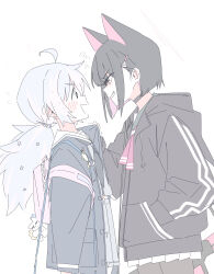 Rule 34 | 2girls, ahoge, angry, animal ears, backpack, bag, beads, black choker, black hair, black hoodie, black neckerchief, black pantyhose, blue archive, blue coat, blue hair, blush, cat ears, cat girl, choker, coat, collar grab, colored inner hair, commentary, cowboy shot, eye contact, from side, glaring, green sailor collar, grey shirt, grey skirt, gun, hair beads, hair ornament, halo, hand in pocket, hand up, highres, hood, hood down, hoodie, kazusa (blue archive), long sleeves, looking at another, low twintails, multicolored hair, multiple girls, neckerchief, open clothes, open coat, open mouth, pantyhose, pink hair, pink neckerchief, pleated skirt, profile, reisa (blue archive), sailor collar, school uniform, seal 007, serafuku, shirt, shoulder strap, simple background, skirt, smile, squiggle, symbol-only commentary, tareme, trembling, twintails, two-tone hair, weapon, white background, white sailor collar, wide-eyed