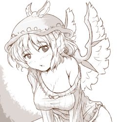 Rule 34 | 1girl, animal ears, bare shoulders, bottomless, breasts, cleavage, earrings, covered erect nipples, face, female focus, hanging breasts, hat, jewelry, large breasts, monochrome, mystia lorelei, naked sweater, no pants, off shoulder, ribbed sweater, short hair, single earring, solo, sweater, touhou, wings, yoriyuki chiyo