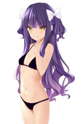 Rule 34 | 1girl, absurdres, animal ears, bikini, black bikini, bow, brown eyes, corrupted metadata, cow ears, cow horns, cow tail, flat chest, hair bow, highres, horns, long hair, looking at viewer, marui koishi, navel, original, parted lips, purple hair, simple background, smile, solo, swimsuit, tail, two side up, white background, white bow