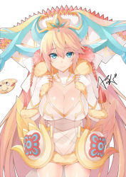 Rule 34 | 1girl, blonde hair, blue eyes, blush, breasts, cleavage, dress, fur trim, headdress, hsuliherng, large breasts, long hair, puzzle &amp; dragons, sakuya (p&amp;d), shiny skin, shynee (p&amp;d), signature, solo, sweatdrop, very long hair, when you see it