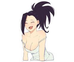 Rule 34 | bare shoulders, black hair, blush, boku no hero academia, breasts, cleavage, closed eyes, highres, large breasts, open mouth, ponytail, smile, strap slip, yaoyorozu momo