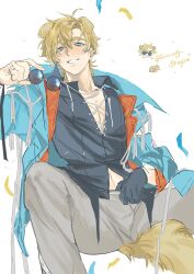 1boy absurdres animal_ears arknights black_gloves black_shirt blonde_hair blue_eyes blue_jacket blush chinese_commentary collarbone commentary_request confetti dog dog_boy dog_ears dog_nose dog_tail dongwuzhanbu ear_piercing earrings english_text gloves grey_pants hair_between_eyes hand_on_own_crotch hand_up highres holding holding_removed_eyewear jacket jewelry looking_at_viewer looking_down male_focus messy_hair midriff midriff_peek open_clothes open_jacket open_mouth open_shirt pants piercing ring shirt single_glove sitting smile solo stomach sunglasses tail teeth tequila_(arknights) tequila_(top_tier_live)_(arknights) thick_eyebrows unworn_eyewear white_string