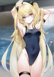 Rule 34 | 1girl, armpits, blonde hair, blush, breasts, cameltoe, covered navel, hair ornament, highres, konjiki no yami, long hair, looking at viewer, medium breasts, one-piece swimsuit, pool, red eyes, solo, swimsuit, thigh strap, to love-ru, very long hair, yukineko1018