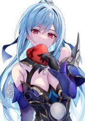 Rule 34 | 1girl, absurdres, bare shoulders, black gloves, blue hair, box, breasts, cleavage, closed mouth, commentary request, derori, detached sleeves, gift, gift box, glint, gloves, hair between eyes, hand up, heart-shaped box, highres, holding, holding gift, honkai: star rail, honkai (series), jingliu (honkai: star rail), long hair, long sleeves, looking at viewer, medium breasts, ponytail, purple sleeves, red eyes, simple background, smile, solo, upper body, very long hair, white background