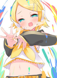 Rule 34 | 1girl, absurdres, aqua eyes, blonde hair, blue eyes, bow, crop top, detached sleeves, fang, hair bow, hair ornament, hairclip, half-closed eyes, ham tamago (qq), headphones, headset, heart, heart in mouth, heavy breathing, highres, kagamine rin, looking at viewer, midriff, naughty face, navel, neckerchief, paint on body, paint on clothes, paint splatter, paint splatter on face, penetration gesture, sailor collar, sexually suggestive, shorts, skin fang, smile, solo, swept bangs, vocaloid, white bow, yellow nails, yellow neckerchief
