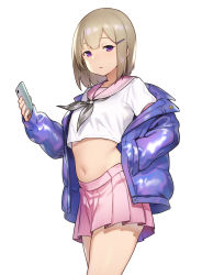 Rule 34 | 1girl, breasts, cellphone, cowboy shot, crop top, expressionless, hair ornament, hairclip, hand in pocket, holding, holding phone, houtengeki, jacket, long sleeves, looking at viewer, midriff, navel, original, phone, pink sailor collar, pink skirt, platinum blonde hair, pleated skirt, purple eyes, purple jacket, sailor collar, shirt, short hair, simple background, skirt, small breasts, solo, white background, white shirt