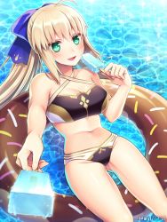 Rule 34 | 1girl, ahoge, artist name, artoria caster (fate), artoria caster (third ascension) (fate), artoria pendragon (fate), bare shoulders, bikini, blonde hair, blush, breasts, cleavage, commentary request, fate/grand order, fate (series), floating, food, gluteal fold, green eyes, hair between eyes, incoming food, innertube, large breasts, long hair, looking at viewer, makina (frog), navel, open mouth, popsicle, sleeveless, solo, stomach, swim ring, swimsuit, tongue, twitter username, water, watermark