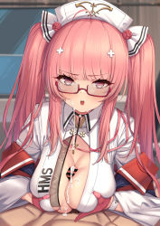 Rule 34 | 1boy, 1girl, absurdres, ahoge, azur lane, bar censor, blush, breasts, breasts squeezed together, censored, choker, cleavage, collared dress, cum, cum on body, cum on breasts, cum on upper body, cumdrip, dress, ejaculation between breasts, facial, glasses, gloves, grabbing own breast, hair ornament, half gloves, hat, hetero, highres, indoors, large breasts, long hair, looking at viewer, male pubic hair, momo no sukebe, nurse, nurse cap, open mouth, paizuri, paizuri under clothes, penis, perseus (azur lane), perseus (unfamiliar duties) (azur lane), pink eyes, pink gloves, pink hair, pov, pubic hair, solo focus, twintails, very long hair, white dress, white headwear, x hair ornament
