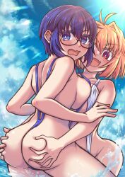 Rule 34 | 2girls, absurdres, arcueid brunestud, ass, ass grab, blonde hair, blue eyes, blue hair, blush, breast press, breasts, ciel (tsukihime), commentary request, glasses, grabbing another&#039;s ass, groping, highres, isurugiratone, large breasts, melty blood, multiple girls, red eyes, short hair, slingshot swimsuit, swimsuit, symmetrical docking, tsukihime, water, yuri