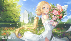 Rule 34 | 1girl, blonde hair, blue eyes, blue sky, bouquet, braid, character request, cloud, copyright request, dress, flower, hair flower, hair ornament, holding, holding bouquet, house, long hair, looking at viewer, low twintails, official art, open mouth, orange flower, outdoors, parted bangs, pink flower, pink rose, red flower, rose, side slit, sky, solo, tree, ttosom, twintails, very long hair, white dress, white flower