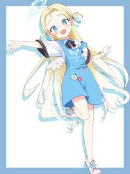 Rule 34 | 1girl, :d, absurdres, angel wings, apron, bare legs, black bow, black bowtie, blonde hair, blue apron, blue archive, blue border, blue eyes, blue halo, blue ribbon, blush, border, bow, bowtie, feathered wings, forehead, full body, hair ribbon, halo, highres, long hair, low wings, mini wings, open mouth, outstretched arms, outstretched hand, parted bangs, ribbon, scrunchie, shirt, short sleeves, smile, solo, sora (blue archive), spell phd, standing, standing on one leg, strap slip, two side up, very long hair, white background, white footwear, white shirt, white wings, wings, wrist scrunchie