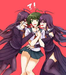 Rule 34 | !?, 3girls, ahoge, antenna hair, black legwear, black shirt, breasts, commentary request, danganronpa (series), danganronpa another episode: ultra despair girls, dual persona, feet out of frame, fukawa toko, genocider shou, girl sandwich, green eyes, green skirt, hair ornament, hand up, hands up, large breasts, long hair, long sleeves, long tongue, miniskirt, multiple girls, naegi komaru, neckerchief, open mouth, pleated skirt, red background, red eyes, red neckerchief, sailor collar, sandwiched, school uniform, serafuku, shirt, short hair, side slit, simple background, skindentation, skirt, smile, sweatdrop, thighhighs, tongue, tongue out, very long hair, white sailor collar, white shirt, xuni guodu (calrxaqp)