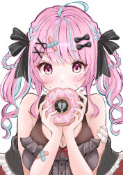 Rule 34 | absurdres, ahoge, alternate costume, bandaid, bandaid hair ornament, biting, black bow, black bowtie, black ribbon, black socks, blue hair, blunt bangs, blush, bow, bowtie, breasts, center frills, clothing cutout, coat partially removed, cosplay, doughnut, dress, drill hair, food, frilled shirt, frills, grey shirt, hair ornament, hair ribbon, hairclip, heart-shaped lock, heart cutout, highres, holding, holding food, hololive, jirai kei, large breasts, long hair, looking at viewer, minato aqua, money, multicolored hair, oyuharu, pink eyes, pink hair, ribbon, sakamata chloe, sakamata chloe (cosplay), sakamata chloe (jirai kei), shirt, simple background, sleeveless, sleeveless dress, sleeveless shirt, socks, solo, streaked hair, tucked money, twin drills, twintails, two-tone hair, upper body, virtual youtuber, white background, x hair ornament