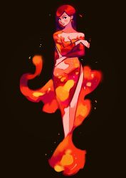 Rule 34 | 1girl, bare shoulders, black background, blush, breasts, cleavage, dress, fiery clothing, fire, full body, highres, long hair, long sleeves, looking at viewer, meyoco, original, red dress, red hair, simple background, solo, sparks, standing