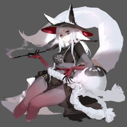 Rule 34 | 1girl, :o, absurdres, animal ears, animal hat, breasts, cat hat, claws, cropped legs, dyarikku (vtuber), elbow rest, facial mark, feet out of frame, fingernails, gradient skin, grey background, hat, highres, holding, holding smoking pipe, knees, long fingernails, long hair, looking at viewer, medium breasts, pantyhose, red eyes, shaded face, shisantian, sidelocks, simple background, sitting, sketch, smoking pipe, solo, tail, thighs, virtual youtuber, vyugen, white hair