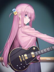 Rule 34 | 1girl, arm at side, black skirt, blue eyes, bocchi the rock!, commentary, cube hair ornament, expressionless, eyelashes, frown, gotoh hitori, green background, guitar, hair between eyes, hair ornament, highres, holding, holding instrument, indoors, instrument, jacket, kanaria hisagi, light blush, long hair, looking at viewer, nose, one side up, pink hair, pink jacket, pleated skirt, shadow, sidelocks, simple background, skirt, solo, spotlight, standing, straight hair, very long hair, wavy mouth