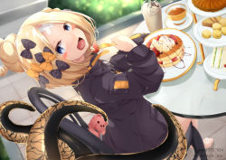 Rule 34 | 1girl, :d, abigail williams (fate), abigail williams (traveling outfit) (fate), absurdres, barefoot, black bow, black jacket, blonde hair, blue eyes, blurry, blurry background, blush stickers, bow, chair, commentary request, crossed bandaids, cup, depth of field, disposable cup, fate/grand order, fate (series), feet, food, fork, fruit, hair bow, hair bun, hand up, head tilt, heroic spirit traveling outfit, highres, holding, holding fork, jacket, kana616, long hair, long sleeves, looking at viewer, looking to the side, official alternate costume, on chair, open mouth, orange bow, pancake, pancake stack, parted bangs, pie, plate, polka dot, polka dot bow, sandwich, single hair bun, sitting, sleeves past fingers, sleeves past wrists, smile, solo, spanish commentary, strawberry, stuffed animal, stuffed toy, table, tea, teacup, teddy bear, tentacles, tiered tray, twitter username