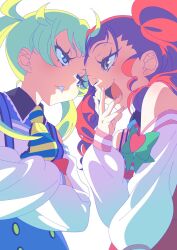 Rule 34 | 2girls, akagi anna, anchiki shou, annoyed, archived source, bad id, bad twitter id, blonde hair, blue eyes, blunt bangs, bow, confrontation, covering own mouth, crossed arms, eye contact, face-to-face, forehead-to-forehead, green bow, hand over own mouth, hand up, heads together, heart, highres, image sample, kiratto pri chan, long hair, long sleeves, looking at another, moegi emo, multiple girls, necktie, one eye closed, open mouth, pretty series, red hair, sidelocks, simple background, smile, smug, striped necktie, twintails, twitter sample, white background, yellow eyes