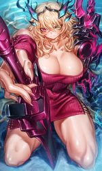 Rule 34 | 1girl, blonde hair, breasts, cleavage, dress, barghest (fate), fairy knight gawain (like a lady) (fate), fate/grand order, fate (series), green eyes, heterochromia, highres, horns, jewelry, kneeling, large breasts, long hair, looking at viewer, muscular, muscular female, neck ring, off-shoulder sweater, off shoulder, oyu udon, red eyes, red sweater, solo, sweater, sweater dress, sword, thick thighs, thighs, weapon
