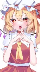Rule 34 | 1girl, :3, artist name, ascot, blonde hair, blush, commentary request, crossed bangs, crossed fingers, crystal, double-parted bangs, eyelashes, eyes visible through hair, fang, flandre scarlet, frilled shirt collar, frills, hands up, hat, heart, highres, index fingers raised, looking at viewer, medium hair, mob cap, noisy ma, open mouth, puffy short sleeves, puffy sleeves, red eyes, red vest, shirt, short sleeves, side ponytail, simple background, smile, solo, touhou, tsurime, twitter username, upper body, vest, white background, white hat, white shirt, wings, x fingers, yellow ascot