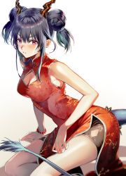 Rule 34 | 1girl, arknights, arm support, bare shoulders, bead bracelet, beads, black shorts, blue hair, bracelet, breasts, ch&#039;en (ageless afterglow) (arknights), ch&#039;en (arknights), china dress, chinese clothes, cleavage, double bun, dragon horns, dragon tail, dress, hair between eyes, hair bun, highres, horns, jewelry, long hair, looking at viewer, medium breasts, official alternate costume, parted lips, red dress, red eyes, shorts, sidelocks, sitting, sleeveless, solo, sweatdrop, tail, tarutaru yamaoka, thighs