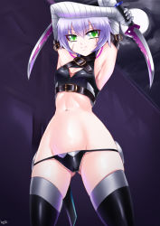 Rule 34 | 1girl, arm belt, armpits, arms up, bandages, bandaged arm, bandages, bare shoulders, black panties, breasts, cameltoe, cowboy shot, dagger, dual wielding, facial scar, fate/apocrypha, fate (series), gloves, green eyes, highres, holding, holding knife, jack the ripper (fate/apocrypha), knife, kogawawaki, looking at viewer, lowleg, lowleg panties, navel, panties, reverse grip, scar, scar across eye, scar on cheek, scar on face, shoulder tattoo, single glove, solo, tattoo, thighhighs, underwear, weapon, white hair