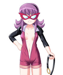 Rule 34 | 00s, 1girl, battle spirits, battle spirits: shounen toppa bashin, belt, bodysuit, breasts, center opening, cleavage, clenched hand, collarbone, cowboy shot, domino mask, fingernails, flat chest, flipped hair, glasses, hairband, hand on own hip, hip focus, holding, kinpira, light smile, long fingernails, long hair, long sleeves, looking at viewer, mask, midriff, naughty face, navel, no bra, open bodysuit, open clothes, open shirt, outstretched arm, panties, puffy sleeves, purple hair, raglan sleeves, shiny clothes, shirt, sidelocks, simple background, skin tight, small breasts, smile, solo, spandex, standing, suiren (battle spirits), underwear, unitard, unworn belt, unzipped, white panties