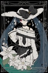 Rule 34 | 1girl, belt, black background, black bow, black choker, black gloves, black necktie, blue hair, border, bow, choker, creatures (company), dark miku (project voltage), dress, earrings, flat color, floral background, flower, game freak, gloves, gradient hair, hair ribbon, hat, hat bow, hatsune miku, head tilt, highres, jewelry, kuiruri, lily (flower), long hair, long sleeves, looking at viewer, luxury ball, multicolored hair, necktie, nintendo, one eye covered, poke ball, poke ball print, pokemon, project voltage, red eyes, ribbon, smile, sparkle, triangle print, twintails, very long hair, vocaloid, white dress, white headwear