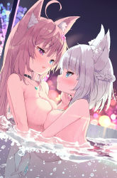 Rule 34 | 2girls, ahoge, animal ear fluff, animal ears, aqua eyes, aqua nails, arm at side, black choker, blue eyes, blunt bangs, blush, breast press, breasts, cat ears, cat girl, choker, closed mouth, collarbone, commentary request, commission, eye contact, fingernails, flower, fox ears, fox girl, hair flower, hair ornament, hairclip, hand up, heterochromia, highres, holding hands, indoors, interlocked fingers, jewelry, large breasts, long hair, looking at another, medium breasts, multiple girls, nail polish, necklace, nyahu (nyahu 77), open mouth, original, own hands together, parted lips, partially submerged, purple eyes, purple nails, short hair, sidelocks, skeb commission, smile, symmetrical docking, very long hair, water, wet, yuri