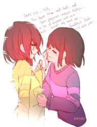 Rule 34 | androgynous, artist name, blush, brown hair, chara (undertale), closed eyes, closed mouth, dayuh, english text, engrish text, fading, frisk (undertale), gender request, hand on another&#039;s face, long sleeves, ranguage, red eyes, shirt, simple background, smile, spoilers, striped clothes, striped shirt, tears, typo, undertale, upper body, white background