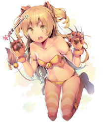 Rule 34 | 10s, 1girl, animal ears, animal hands, bad id, bad twitter id, bare shoulders, blonde hair, collarbone, ds mairu, dsmile, female focus, green eyes, idolmaster, idolmaster cinderella girls, jougasaki rika, kneeling, lion ears, lion tail, long hair, navel, open mouth, simple background, solo, striped clothes, striped thighhighs, tail, teeth, text focus, thighhighs, tongue, translated, two side up, white background