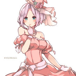 Rule 34 | 1girl, bare shoulders, bead necklace, beads, blue eyes, blush, closed mouth, clothes pull, dragalia lost, dress, dress pull, gloves, hat, highres, jewelry, looking at viewer, necklace, official alternate costume, pink dress, pink hat, po pooch, short hair, smile, solo, strapless, strapless dress, twitter username, wedding dress, white background, white gloves, white hair, xania