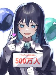 Rule 34 | 1girl, absurdres, ado (utaite), balloon, black bow, black bowtie, black hair, black jacket, blue eyes, blush, bow, bowtie, chando (ado), collared shirt, commentary, formal, gloves, hair between eyes, highres, jacket, long hair, long sleeves, looking at viewer, niconico, open mouth, shirt, simple background, solo, suit, tsukuno tsuki, upper body, utaite, white background, white gloves, white shirt