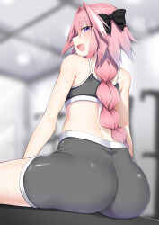 Rule 34 | 1boy, ass, astolfo (fate), black bow, blush, bow, crossdressing, fang, fate/grand order, fate (series), gym, hair between eyes, hair bow, hair intakes, highres, kitajima yuuki, looking at viewer, male focus, multicolored hair, open mouth, pink hair, purple eyes, short shorts, shorts, sitting, skin fang, smile, solo, streaked hair, sweat, trap, white hair
