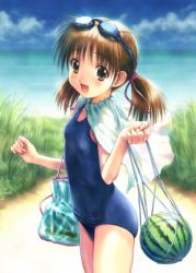 Rule 34 | 1girl, :d, beach, blush, brown eyes, brown hair, cloud, cowboy shot, day, fang, food, fruit, goggles, goggles on head, goto p, grass, one-piece swimsuit, open mouth, outdoors, school swimsuit, smile, solo, swimsuit, twintails, water, watermelon