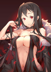 Rule 34 | 1girl, adjusting hair, arm up, armlet, bare shoulders, blush, breasts, center opening, choker, fate/grand order, fate (series), fur, fur collar, fur trim, hair between eyes, highres, huanyan, large breasts, long hair, looking at viewer, navel, off shoulder, parted lips, red background, red eyes, revealing clothes, simple background, solo, standing, upper body, yu mei-ren (fate)
