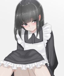 Rule 34 | 1girl, absurdres, apron, black dress, black hair, blue eyes, blunt bangs, blush, closed mouth, dress, flat chest, frilled apron, frills, highres, long hair, looking to the side, maid, maid apron, maid headdress, mustee, original, sitting, smile, solo, waist apron, white apron