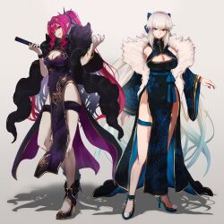 Rule 34 | 2girls, absurdres, baobhan sith (fate), bare shoulders, black bow, blue eyes, bow, braid, breasts, china dress, chinese clothes, cleavage, cleavage cutout, clothing cutout, dress, fate/grand order, fate (series), french braid, full body, grey eyes, grey hair, hair bow, highres, large breasts, long hair, looking at viewer, morgan le fay (fate), multiple girls, pelvic curtain, pink hair, pointy ears, ponytail, shibao aoyama, sidelocks, very long hair