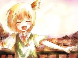 Rule 34 | 1girl, :d, ^ ^, ascot, blonde hair, closed eyes, closed eyes, fangs, female focus, hair ribbon, open mouth, outstretched arms, railing, ribbon, rumia, short hair, short sleeves, smile, solo, takorice, touhou