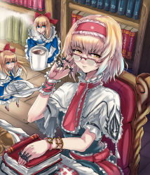 Rule 34 | 1girl, alice margatroid, bespectacled, blonde hair, blue eyes, book, bookshelf, capelet, cup, doll, earrings, female focus, glasses, hairband, jewelry, knife, panzer (p.z), plate, ring, shanghai doll, short hair, sitting, solo, string, touhou, watch, wrist cuffs, wristwatch, yellow eyes