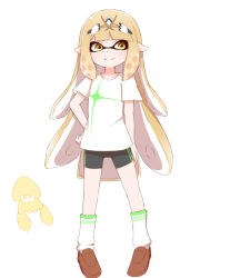 Rule 34 | 1girl, alternate species, bike shorts, blonde hair, chirun0, closed mouth, highres, inkling, inkling girl, inkling player character, long hair, mythra (xenoblade), nintendo, simple background, solo, splatoon (series), squid, suction cups, swept bangs, tentacle hair, tentacles, very long hair, white background, xenoblade chronicles (series), xenoblade chronicles 2, yellow eyes