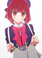 Rule 34 | 1girl, absurdres, arima kana, beret, blue hat, blue jacket, blunt bangs, bob cut, bow, buttons, closed mouth, collared shirt, commentary request, cropped jacket, grey skirt, hat, highres, jacket, long sleeves, looking at viewer, oshi no ko, pink bow, red eyes, red hair, school uniform, shirt, short hair, simple background, skirt, solo, standing, white background, white shirt, yokoyama honoka, youtou high school uniform