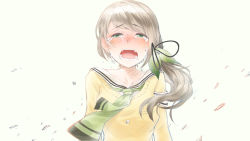 Rule 34 | 1girl, armband, blush, breast pocket, breasts, brown hair, cluseller, collarbone, crying, crying with eyes open, female focus, green eyes, green neckerchief, green ribbon, hair ribbon, half-closed eyes, hinamizawa kurumi, long hair, looking at viewer, medium breasts, mole, mole under mouth, neckerchief, nose blush, open mouth, petals, pocket, pygmalion. (group), ribbon, sad, sailor collar, school uniform, serafuku, shirt, side ponytail, simple background, solo, straight-on, sweater, swept bangs, tears, teeth, tongue, upper body, virtual youtuber, white background, white sailor collar, white shirt, wind, yellow sweater